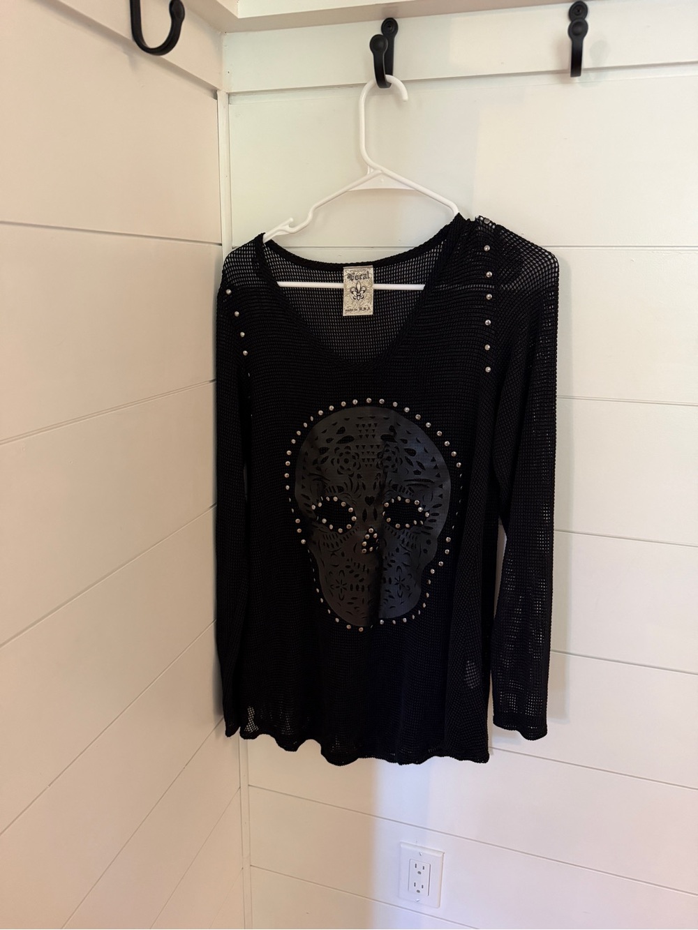 Black Skull Studded Long-Sleeve Mesh Top